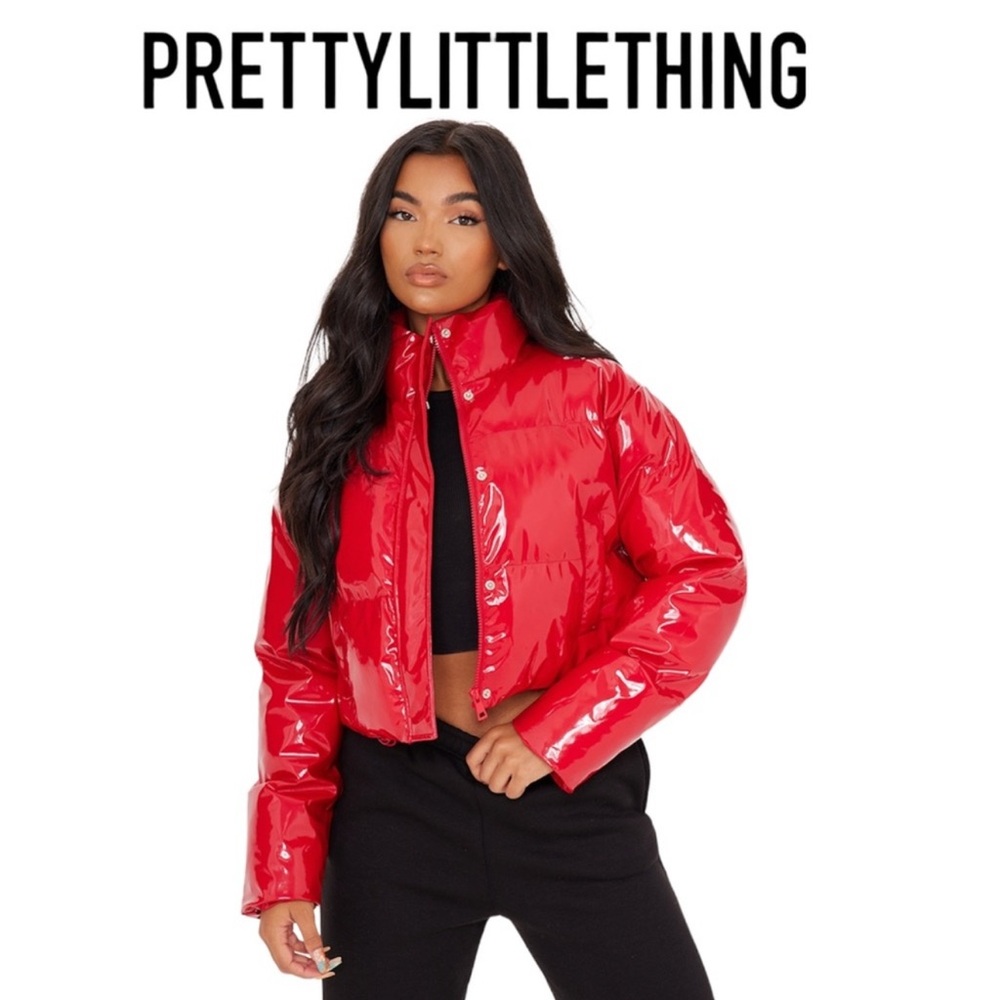 PrettyLittleThing Red Cropped Puffer Jacket - Size Small Never Worn